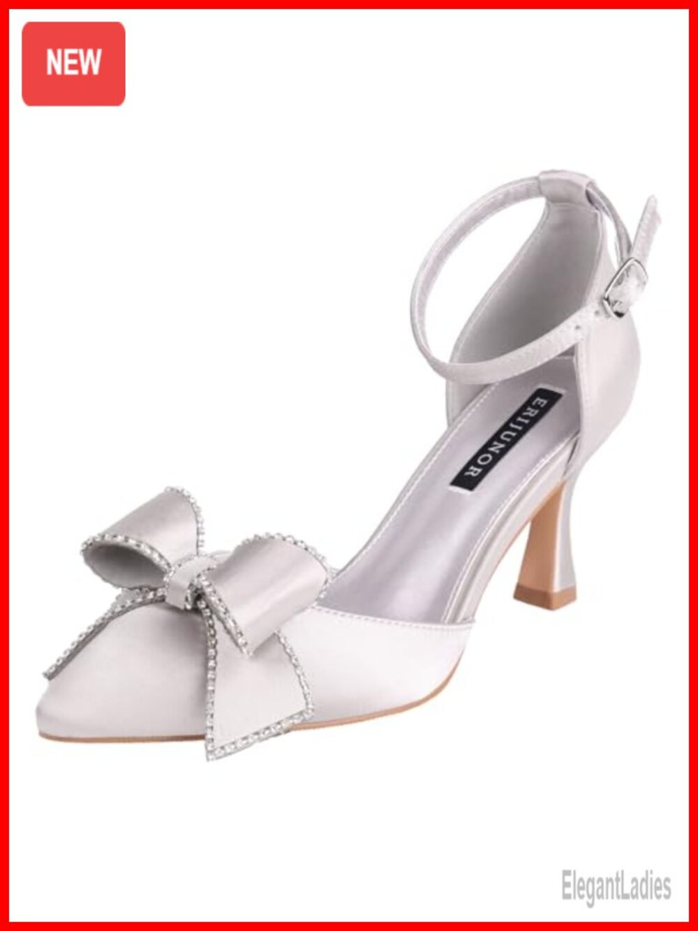 ERIJUNOR Satin Pointed Toe Mid Heel Pumps with Bow Ankle Strap